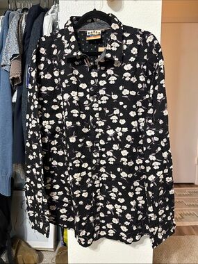 Black Floral Button-Down Shirt with White Blossoms